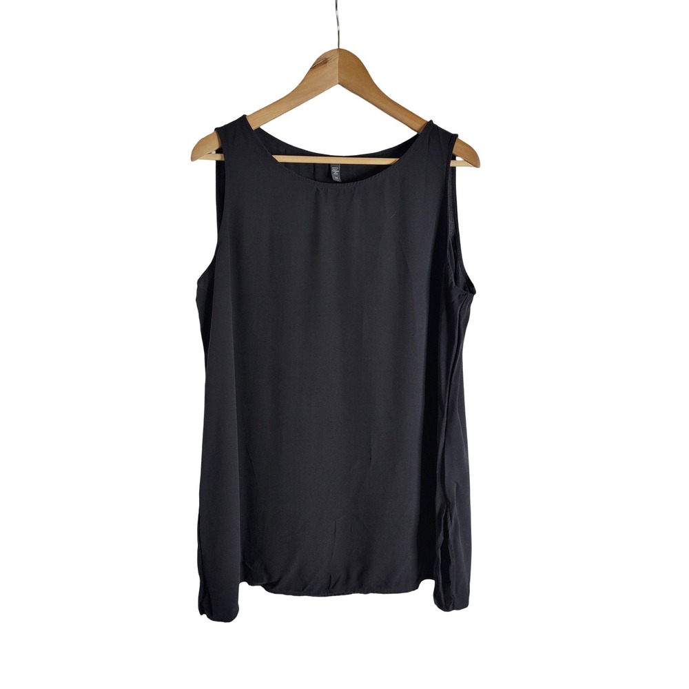 Eileen Fisher Black 100% Silk Sleeveless Tank Top Side Slit Sz L Dark Academia